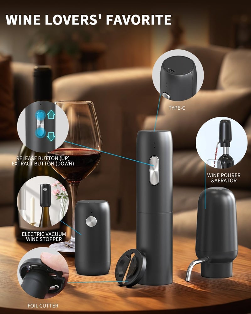 CircleJoy Electric Wine Bottle Opener Set Rechargeable 5-in-1 Wine Set with Foil Cutter, Electric Wine Opener, Electric 2in-1 Wine Aerator & Pourer, Electric Vacuum Wine Stopper, Black Silver - Image 3